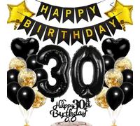 Ouceanwin Décoration 30 Ans Femme, Ballons Anniversaire Homme, Cake Toppers Happy Birthday, Kit de Fournitures de Fête pour Adulte - Noir