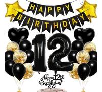Ouceanwin Decoration Anniversaire 12 ans Fille, Ballons 12 ans Anniversaire Garçon, Cake Toppers Happy Birthday Decoration Gateau Noir, Kit de Fournitures de Fête pour 12 ans Anniversaire Enfant