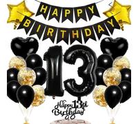 Ouceanwin Decoration Anniversaire 13 ans Fille, Ballons 13 ans Anniversaire Garçon, Cake Toppers Happy Birthday Decoration Gateau Noir, Kit de Fournitures de Fête pour 13 ans Anniversaire Enfant