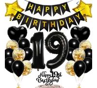 Ouceanwin Decoration Anniversaire 19 ans Fille, Ballons 19 ans Anniversaire Garçon, Cake Toppers Happy Birthday Decoration Gateau Noir, Kit de Fournitures de Fête pour 19 ans Anniversaire Enfant