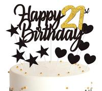 Ouceanwin Décoration Gâteau Anniversaire 21 ans Happy Birthday Décoration Gateau Noir Or, Cake Topper Anniversaire Décoration de Gâteau Topper Coeurs Étoiles pour Fête Anniversaire 21 ans Femme Homme