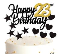 Ouceanwin Décoration Gâteau Anniversaire 23 ans Happy Birthday Décoration Gateau Noir Or, Cake Topper Anniversaire Décoration de Gâteau Topper Coeurs Étoiles pour Fête Anniversaire 23 ans Femme Homme