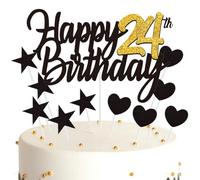 Ouceanwin Décoration Gâteau Anniversaire 24 ans Happy Birthday Décoration Gateau Noir Or, Cake Topper Anniversaire Décoration de Gâteau Topper Coeurs Étoiles pour Fête Anniversaire 24 ans Femme Homme