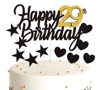 Ouceanwin Décoration Gâteau Anniversaire 29 ans Happy Birthday Décoration Gateau Noir Or, Cake Topper Anniversaire Décoration de Gâteau Topper Coeurs Étoiles pour Fête Anniversaire 29 ans Femme Homme