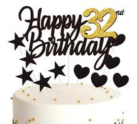 Ouceanwin Décoration Gâteau Anniversaire 32 ans Happy Birthday Décoration Gateau Noir Or, Cake Topper Anniversaire Décoration de Gâteau Topper Coeurs Étoiles pour Fête Anniversaire 32 ans Femme Homme