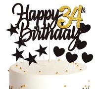 Ouceanwin Décoration Gâteau Anniversaire 34 ans Happy Birthday Décoration Gateau Noir Or, Cake Topper Anniversaire Décoration de Gâteau Topper Coeurs Étoiles pour Fête Anniversaire 34 ans Femme Homme