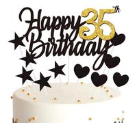 Ouceanwin Décoration Gâteau Anniversaire 35 ans Happy Birthday Décoration Gateau Noir Or, Cake Topper Anniversaire Décoration de Gâteau Topper Coeurs Étoiles pour Fête Anniversaire 35 ans Femme Homme