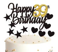 Ouceanwin Décoration Gâteau Anniversaire 39 ans Happy Birthday Décoration Gateau Noir Or, Cake Topper Anniversaire Décoration de Gâteau Topper Coeurs Étoiles pour Fête Anniversaire 39 ans Femme Homme