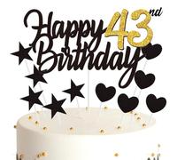 Ouceanwin Décoration Gâteau Anniversaire 43 ans Happy Birthday Décoration Gateau Noir Or, Cake Topper Anniversaire Décoration de Gâteau Topper Coeurs Étoiles pour Fête Anniversaire 43 ans Femme Homme