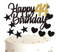 Ouceanwin Décoration Gâteau Anniversaire 44 ans Happy Birthday Décoration Gateau Noir Or, Cake Topper Anniversaire Décoration de Gâteau Topper Coeurs Étoiles pour Fête Anniversaire 44 ans Femme Homme
