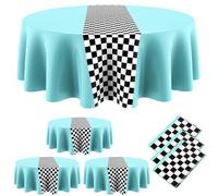 Oudain Décorations d'anniversaire Cars - Nappe ronde, motif drapeau à carreaux, nappe en plastique de route, nappe disco des années 1950 pour fête dansante (bleu, 6 pièces)