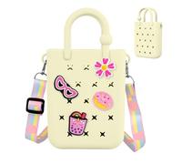 Oudizz Mini sac fourre-tout en caoutchouc, sac de plage en silicone pour petite fille et femme, sac mignon avec 20 breloques et bandoulière ajustable (blanc cassé)
