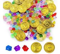 OUDQFCJ 100 pièces Trésor Pirate,50 pièces d'or + 50 pierres précieuses,Set de Pirates,Jeux de Chasse au Trésor Enfants,Décoration Pirate pour Anniversaire,Noël et Halloween (Or + Multicolore)