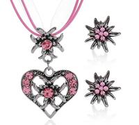 OUDQFCJ Ensemble de Bijoux Traditionnels pour Femmes avec Pendentif Cœur Edelweiss et Boucles d'Oreilles Roses - Accessoires pour Tenue Dirndl à l'Oktoberfest