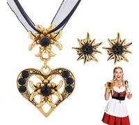 OUDQFCJ Lot de 3 Bijoux Bavarois - Collier Edelweiss avec Pendentif Cœur Doré et Boucles d'Oreilles Dorées pour Femme - Accessoires pour Tenue Traditionnelle Oktoberfest (noir)