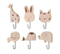 OUDQFCJ Lot de 6 patères autocollantes en bois, crochet autocollant, patere enfant, motif animaux mignons (motif éléphant, baleine, chat, lion, lapin, girafe), pour chambre, salle de bain, cuisine