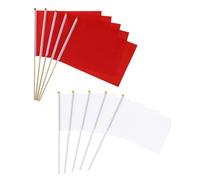 OUDQFCJ Paquete de 10 mini banderas rojas de Banderas pequeñas en blanco en miniatura de color rojo sólido de mano en palo 5x8 pulgadas con poste sólido y parte superior de lanza