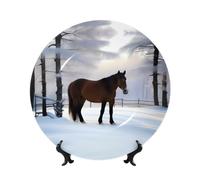 Oudrspo Assiette décorative en porcelaine de 15 cm (6 pouces) représentant un cheval et un motif hivernal, idéale pour les desserts, le salon ou l'entrée. Un cadeau parfait pour la maison.