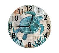 Oudrspo Blue Sea Turtle Nautical Map Retro Ocean Horloge Murale à Piles silencieuse sans tic-tac Horloge Ronde Art Décoration Murale pour la Maison, Le Bureau, l'école 9,8 Pouces