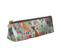 Oudrspo Boxer Chien et Fleurs Motif Pochette à Crayons Triangle Stylo étui Portable Sac à Crayons en Cuir Organisateur avec Fermeture à glissière cosmétique Pochette Sac