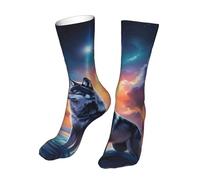 Oudrspo Chaussettes amusantes à imprimé loup du ciel nocturne pour femmes et hommes, colorées, folles, cool et amusantes, chaussettes fantaisie, tailles 9 à 11