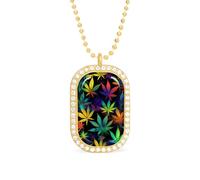 Oudrspo Collier personnalisé avec pendentif rectangulaire en forme de tie-dye et de cannabis trippant pour femme, bijoux tendance, cadeaux, or et argent