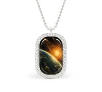 Oudrspo Collier personnalisé avec vue sur la planète Terre depuis l'espace au lever du soleil pour femmes, pendentif rectangulaire, bijoux tendance, cadeaux, or et argent