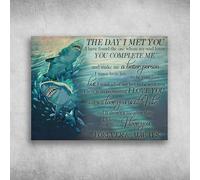 Oudrspo Couple de requins, le jour où je t'ai rencontré, j'ai trouvé celui que mon âme aime, tu me complète, plaque murale en métal pour garage, homme, cave, bar, cuisine, 8 x 12 pouces.