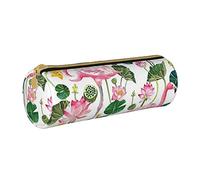 Oudrspo Flamingo Bird Round Leaves Pochette à Crayons à glissière en Cuir imprimé, Sac de Papeterie Portable, étui de Papeterie Organisateur, Unisexe