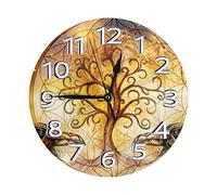 Oudrspo Horloge Murale Ronde Motif Arbre de Vie et Géométrie Vintage, Horloge Silencieuse sans Coutil 10 Pouces Décoration d'intérieur pour Salon, Cuisine, Chambre et Bureau