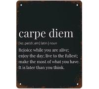 Oudrspo Panneau en métal rétro imprimé Carpe Diem, définition de Carpe Diem, décorations amusantes pour bar, pub, café, ferme, salle de bureau, plaque de décoration murale 30,5 x 40,6 cm