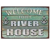 Oudrspo Plaque décorative en métal antique style bois « Welcome River House » - Décoration vintage pour garage, maison, jardin, café, cuisine, 20 x 30 cm