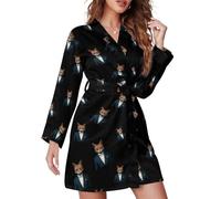 Oudrspo Robe de chambre à manches longues et ceinture pour femme Handsome Fox, douce et arrivant aux genoux, style nuisette.