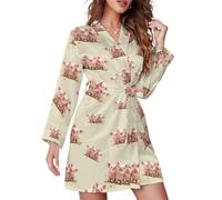 Oudrspo Robe de chambre femme à manches longues et ceinture, motif cochons mignons, douce et arrivant aux genoux, idéale pour la nuit et les moments de détente.