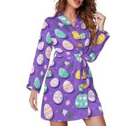 Oudrspo Robe de chambre pour femme, motif œufs de Pâques colorés, manches longues, ceinture, nuisette douce arrivant aux genoux, vêtement d'intérieur