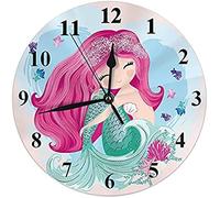 Oudrspo Sirène Horloge Murale Petite Fantaisie Mignonne Poisson Fille Poissons Coquillages Silencieux Non Coutil Horloge Ronde Décorative À Piles Horloge Murale 10 Pouces