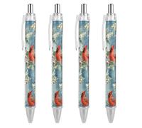 Oudrspo Stylo à bille rétractable motif cardinal d'hiver, écriture fluide, encre noire, lot de 4.