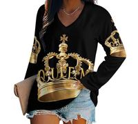 Oudrspo T-Shirt à col en V et Manches Longues pour Femme, Motif Couronne de Reine d'or, Tunique décontractée et Basique