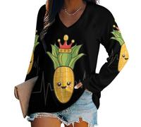 Oudrspo T-Shirt à col en V et Manches Longues pour Femme, Motif maïs couronné, Tunique décontractée et Basique