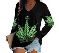 Oudrspo T-Shirt à col en V et Manches Longues pour Femme, Style Tunique décontracté et Basique, avec Couronne de la Reine de la Weed