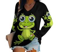 Oudrspo T-Shirt à Manches Longues et col en V pour Femme, Motif Grenouille Mignonne avec Symbole de Paix, Tunique décontractée et Basique