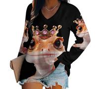 Oudrspo T-Shirt col V à Manches Longues et Motif Gecko couronné pour Femme, Tunique décontractée et Basique