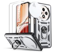 Oududianzi - Coque pour Oppo Reno 12 Fs/Reno 12 F, [2 Protecteur Verre Trempé] avec Couvercle Coulissant de Caméra, Support d’Anneau Rotatif, Coque de Protection Antichoc Anti-Rayures - Argent