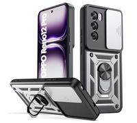 Oududianzi - Coque pour Oppo Reno 12 Pro 5G, avec Couvercle Coulissant de Caméra, Support d’Anneau Rotatif, Coque de Protection Antichoc Anti-Rayures - Argent