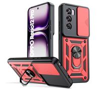 Oududianzi - Coque pour Oppo Reno 12 Pro 5G, avec Couvercle Coulissant de Caméra, Support d’Anneau Rotatif, Coque de Protection Antichoc Anti-Rayures - Rouge