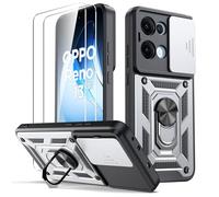 Oududianzi - Coque pour Oppo Reno 13 5G, [2 Protecteur Verre Trempé] avec Couvercle Coulissant de Caméra, Support d’Anneau Rotatif, Coque de Protection Antichoc Anti-Rayures - Argent