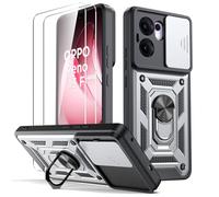 Oududianzi - Coque pour Oppo Reno 13 F 4G/5G, [2 Protecteur Verre Trempé] avec Couvercle Coulissant de Caméra, Support d’Anneau Rotatif, Coque de Protection Antichoc Anti-Rayures - Argent