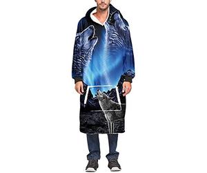 Ouduo Sweat à Capuche en Sherpa Surdimensionnée - Ultra Doux et Chaude Couverture - Manches Longues et Poches - Loup Imprimé en 3D - Taille Unique (One Size,Bleu)