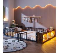 OUEEEDD Lit au Sol Montessori 140 x 200 cm pour enfan Adolescent, Barrières de Sécurité Intégrales, Rangements Ouverts, Éclairage LED, Cadre Métal et MDF Robuste Évolutif Fonctionnel, Noir