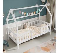 OUEEEDD Lit Cabane 90x200 cm avec Cheminée, Lit Montessori Au Sol en Bois de Pin avec Sommier à Lattes Robuste, Lit avec Barriere de Sécurité, Structure Stable, Blanc, Matelas Non Inclus